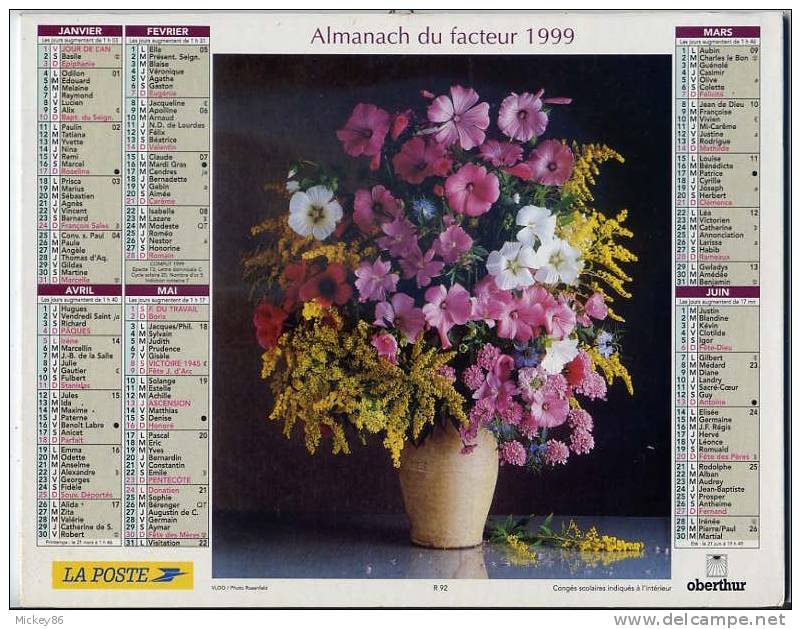 L´almanach Du Facteur  1999  Dépt 86-  Fleurs  En Vase - Groot Formaat: 1991-00