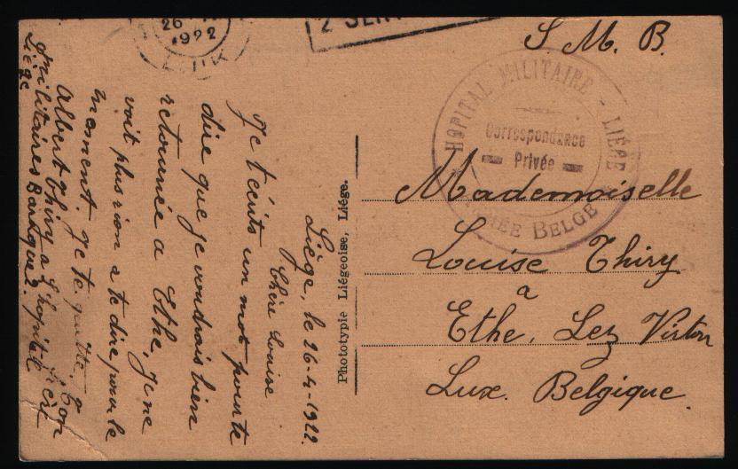 Postkaart Met Stempel HOPITAL MILITAIRE - LIEGE  / ARMEE BELGE  (1922) - Army