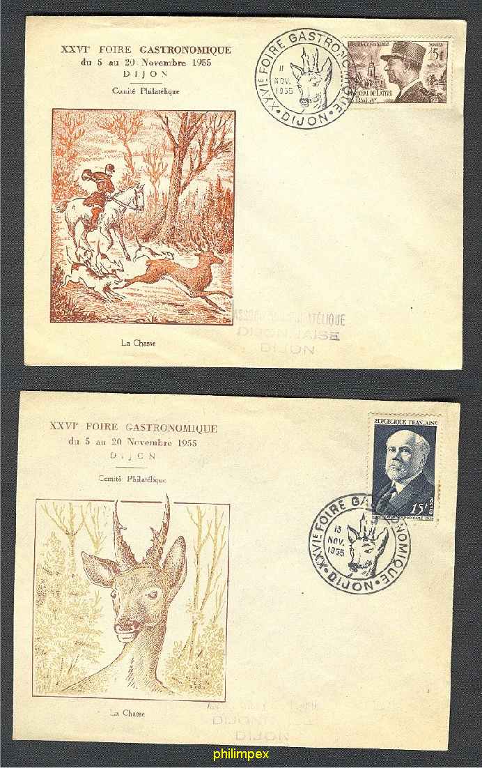 FOIRE GASTRONOMIQUE 1954 - 2 COVERS + 2 CARDS - VERY NICE ANIMALS / HUNTING TOPIC! - Gibier