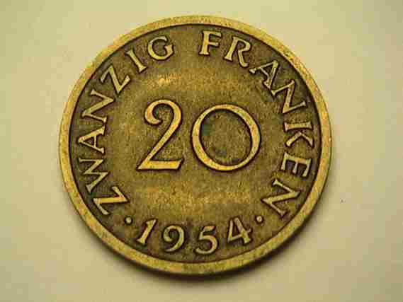 SAARLAND - 20 Zwanzig Franken 1954 état SUP+ - Other & Unclassified