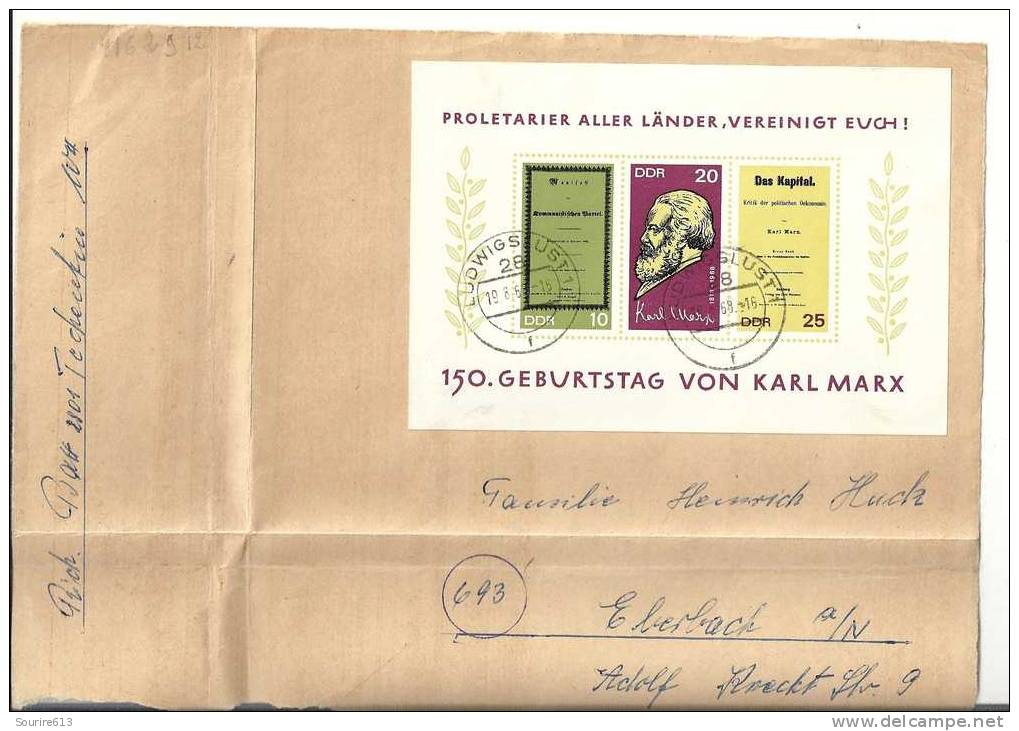 DDR 1968 Fdc Bloc Karl Marx (sur Découpe De Papier Colis) - Karl Marx