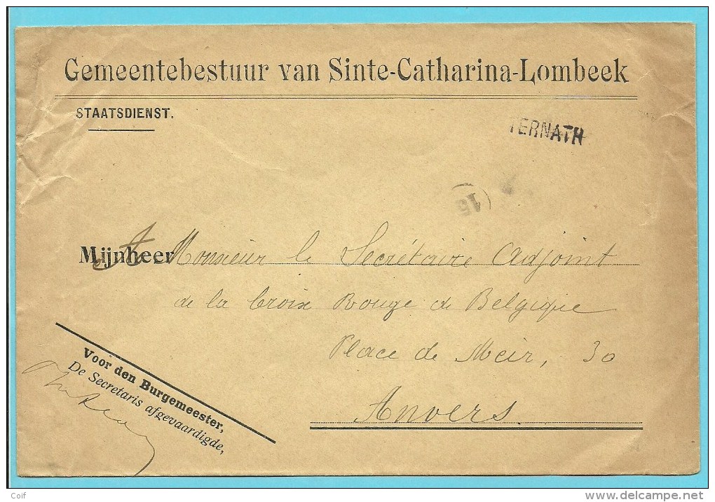 Brief "gemeentebestuur Van Sinte-Catharina-Lombeek Met Naamstempel TERNATH , Gebruikt Als Noodstempel - Fortune (1919)