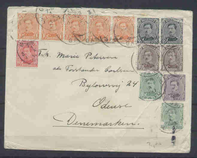 Lettre Vers ODENSE (Danemark) Avec 13 Timbres Et 6 Valeurs Différentes ****Exceptionnel Et TB**** - 1915-1920 Albert I.