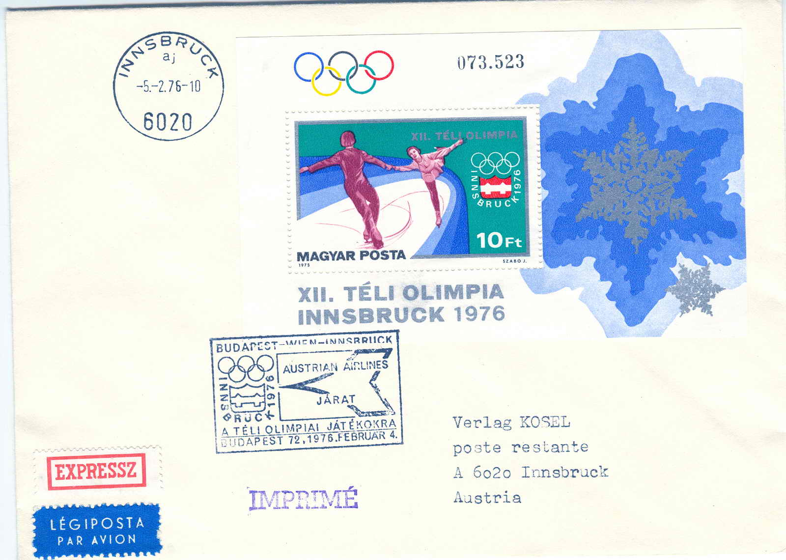 HOCKEY SUR GLACE FDC HONGRIE 1976 JEUX OLYMPIQUES INNSBRUCK SAUT A  SKI,HOCKEY ET PATINAGE ARTISTIQUE - Winter 1976: Innsbruck