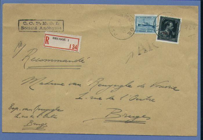 724T+725 Op Aangetekende Brief Van BRUGGE Op 4/3/47 + AR !! (bericht Van Ontvangst/avis De Réception) - 1946 -10%