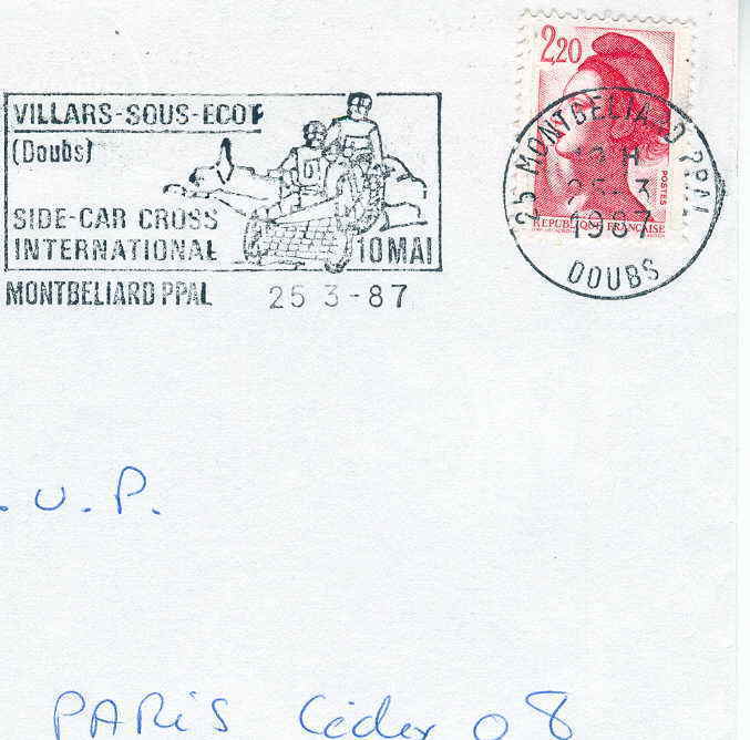 MOTO OBLITERATION TEMPORAIRE FRANCE   MONTBELLIARD 1987 SIDE CROSS INTERNATIONAL - Motorräder