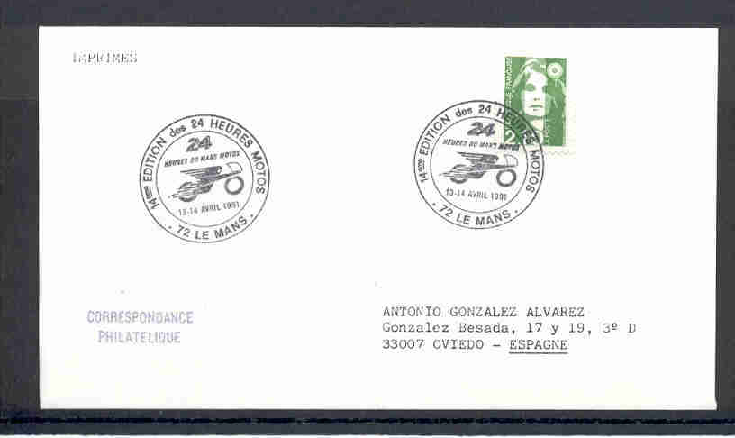 ENVELOPE CANCELLATION CARRIÈRE DE MOTOS 14 EDITION DES 24 HEURES DU MANS MOTOS 1991 LE MANS FRANCE - Motorräder