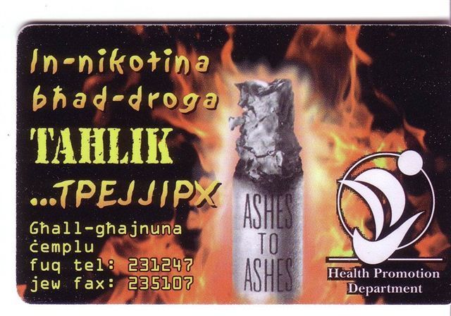 Against Cigarettes - Anti Nicotine – Cigarette – Zigarette - Drug – Drugs  - Droque – Drogue - Malta Rare Card - Malte