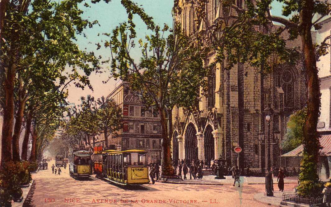 06 NICE Avenue De La Grande Victoire (av De La Gare), Animée, Tramway, Colorisée, LL 130, 1921 - Traffico Stradale – Automobili, Autobus, Tram