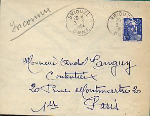 France Tp Gandon 886 Seul / Jolie Lettre Obl CAD 3-2-1954 Briouze Orne - 1945-54 Marianne De Gandon