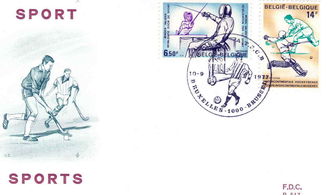 ESCRIME FDC BELGIQUE 1977 ESCRIME HANDISPORT + HOCKEY SUR GAZON - Escrime