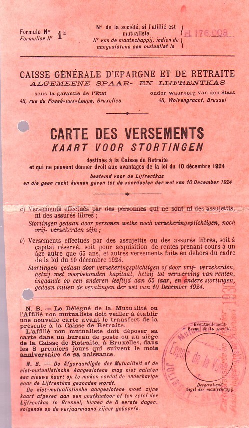 Carte Des Versements De La CGER (1930) - Ohne Zuordnung