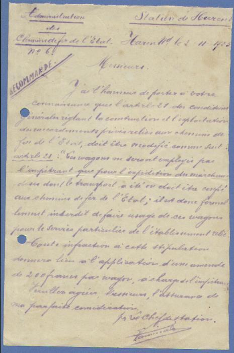 Dokument Van De "Chemin De Fer De L'Etat Belge" , Aangetekend Met Cirkelstempel HAREN Op 3/11/1925 - Andere & Zonder Classificatie