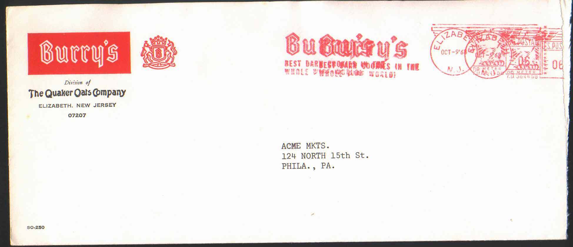 BURRY'S.The Quakar Oats Company Eagle. Licorne. EMA De 1968. U.S. POSTAGE De ELISABETH (N.J).""Pitney Bowes" - Briefe U. Dokumente
