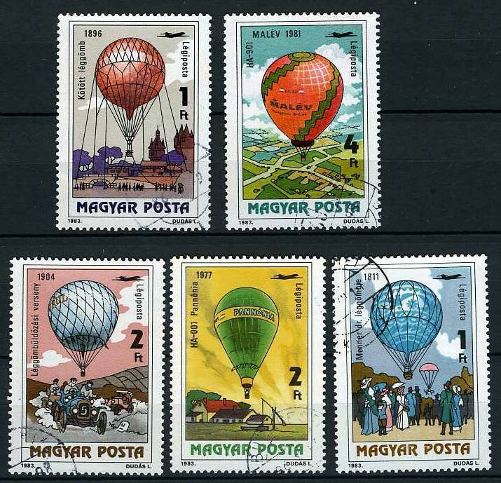 Serie 5 Timbres Obl, Magyar Posta, 1983, Sur Les Ballons, Série A450 à A456 Yvert - Mongolfiere