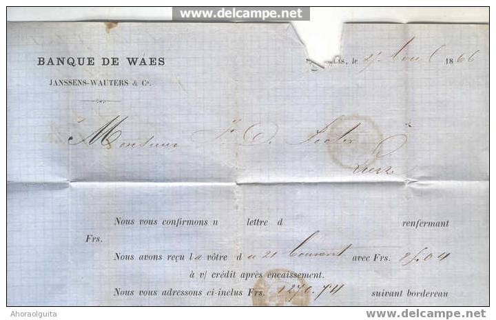 Lettre No 18 Losange Points 328 ST NICOLAS 1866 Vers LIERRE - Entete Banque De WAES JANSSENS --  3/853 - 1865-1866 Perfil Izquierdo