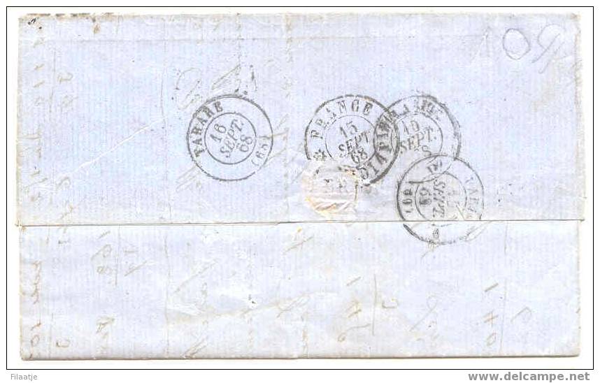 Brief Naar Tarare Met Diverse Afstempeligen Oa Belg Amb Ets - 1865-1866 Linksprofil