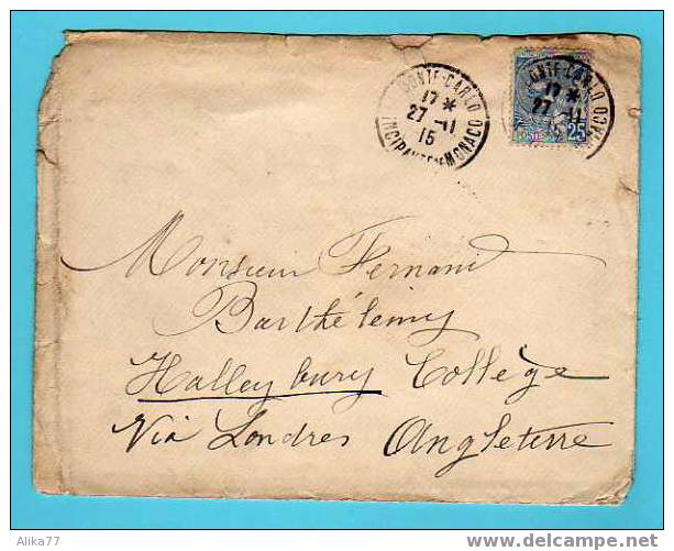 MONACO Lettre Du 27/11/15 Pour L'Angleterre Avec N° 25 Y Et T. - Lettres & Documents