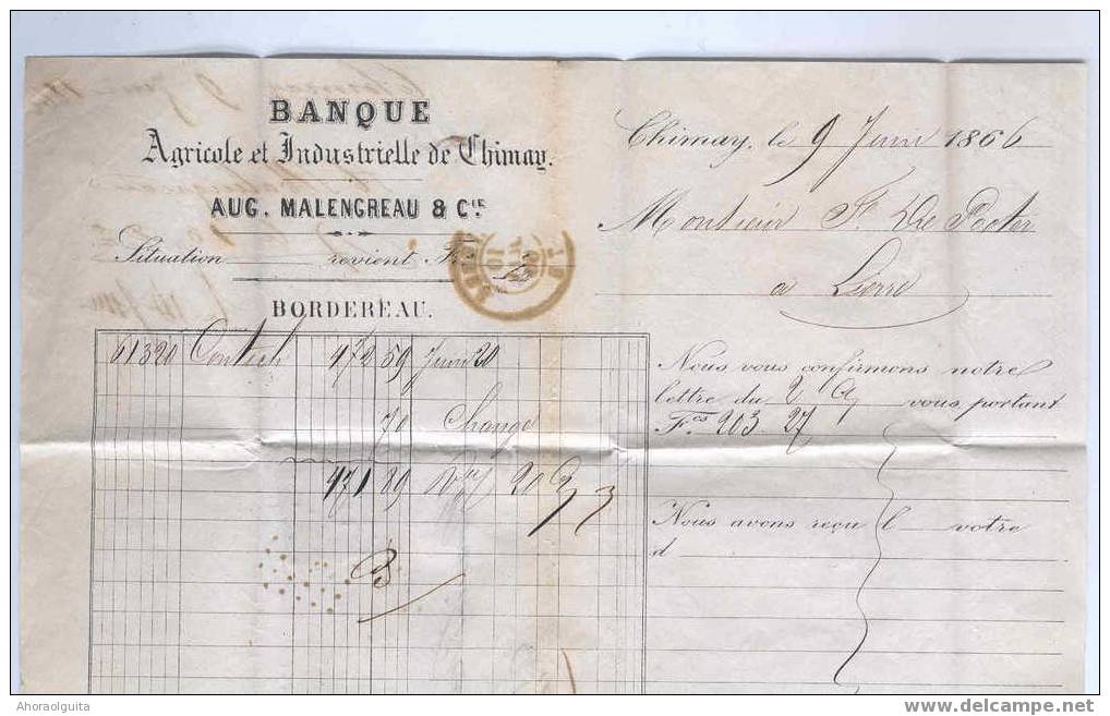 Lettre No 18 Losange Points 82 CHIMAY 1866 Vers LIERRE - Cachet Et Entete Banque MALENGREAU  --  4/161 - 1865-1866 Profil Gauche