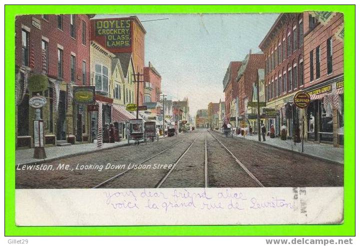 LEWISTON, ME - LOOKING DOWN  LISBON STREET - UNDIVIDED BACK - ANIMATED - CARD TRAVEL IN 1907 - HUGH C. LEIGHTON - - Lewiston