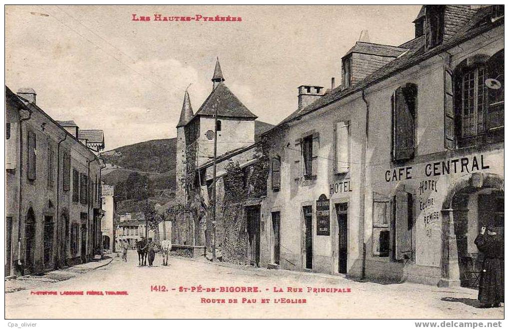 65 ST PE DE BIGORRE Rue Principale, Route De Pau Et Eglise, Café Central, Pub Chicorée Leroux, Ed Labouche 1412, 191? - Saint Pe De Bigorre