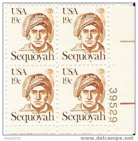 US Scott 1859 - Plate Block Of 4 - Plate No 39529 - Sequoyah 19 Cent - Mint Never Hinged - Numéros De Planches