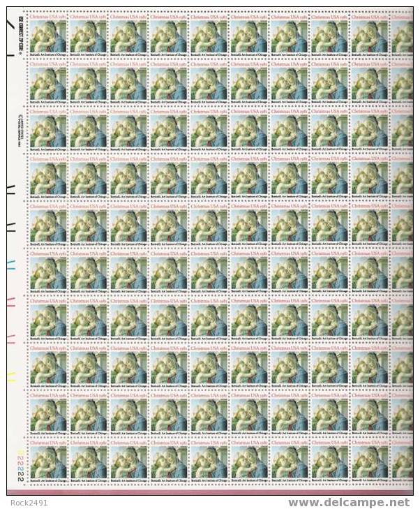 US Scott 1939 - Sheet Of 100 - Christmas 1981 - Madonna And Child, Botticelli 20 Cent  MINT NH - Sheets