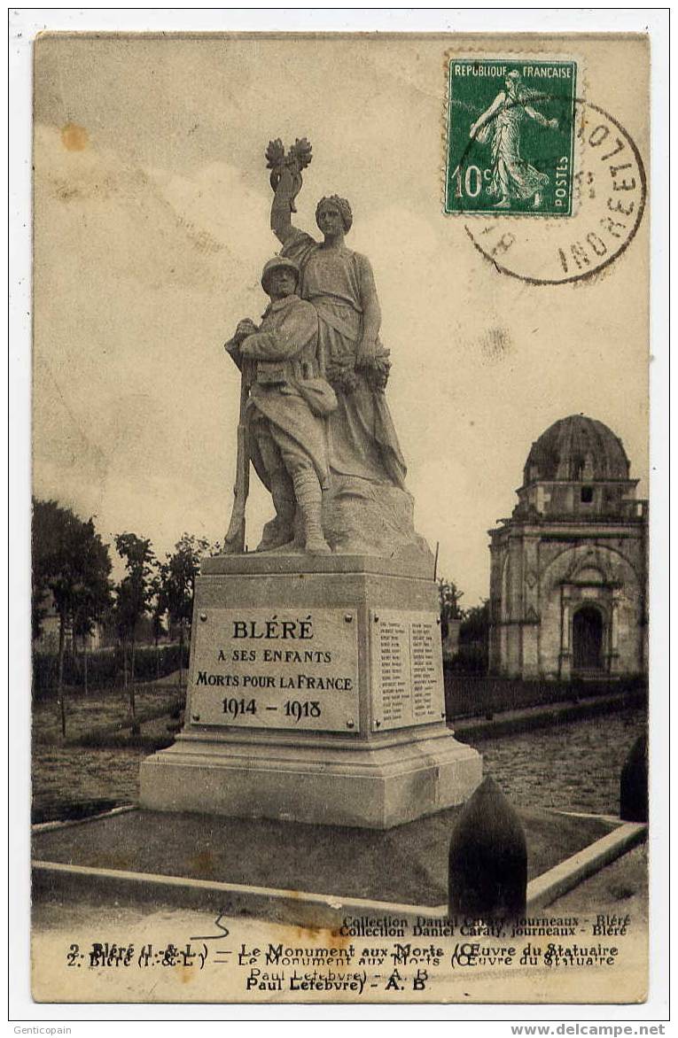 H48 - BLERE - Le Monument Aux Lorts  (oeuvre Du Statuaire Paul Lefebvre) - 192? - Oblitération De Bléré. - Bléré