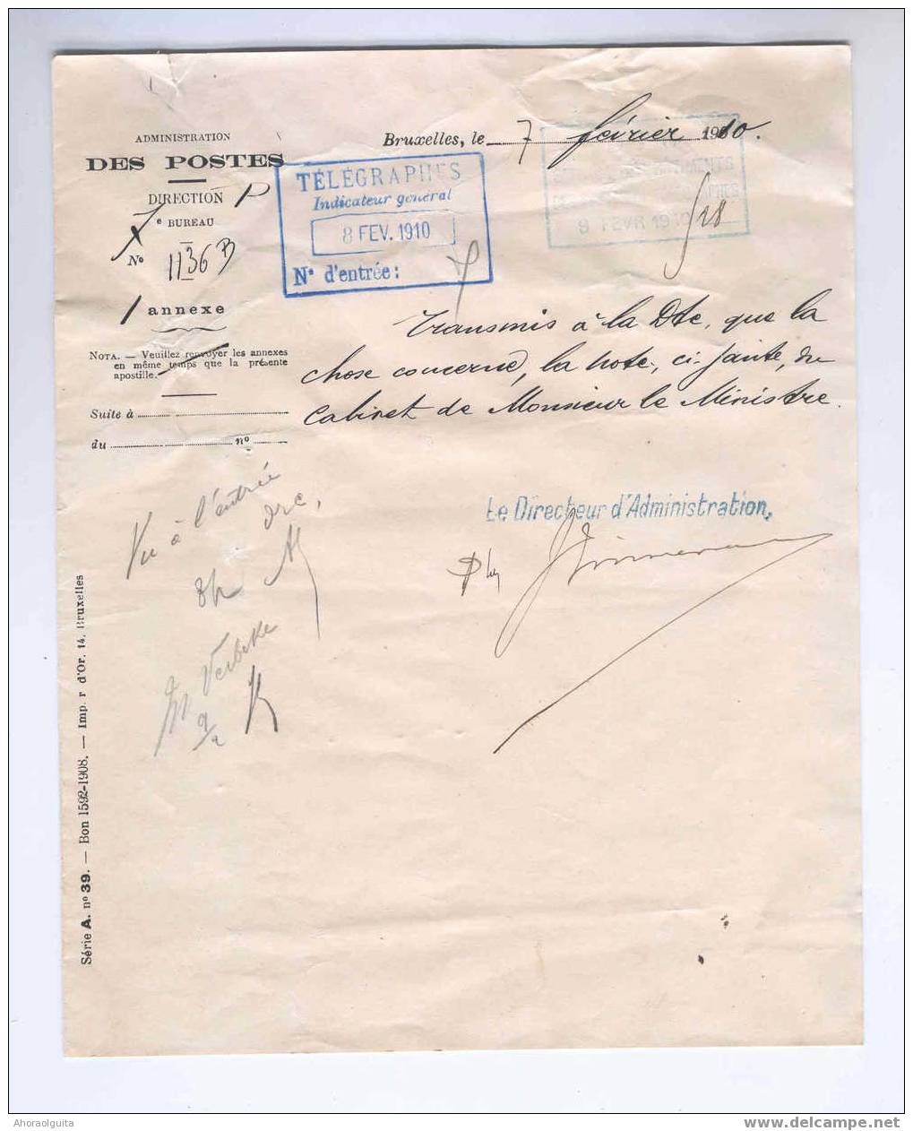 Document 1910 Direction Des POSTES Avec Cachet TELEGRAPHES Indicateur Général  --  4/587 - Telegraph [TG]