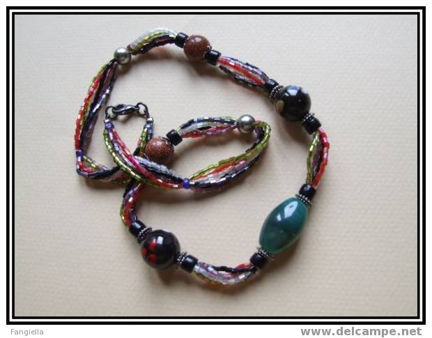 Collier Artisanal (pièce Unique) Perle Centrale En Agate Verte, Céramiques, Goldsand Et Perles Japonaises 50cm - Etnica