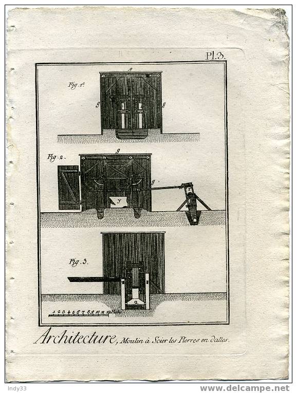 "ARCHITECTURE, Moulin A Scier Les Pierres En Dalles. Pl.3". EAU FORTE DU XVIIIe S. - Máquinas