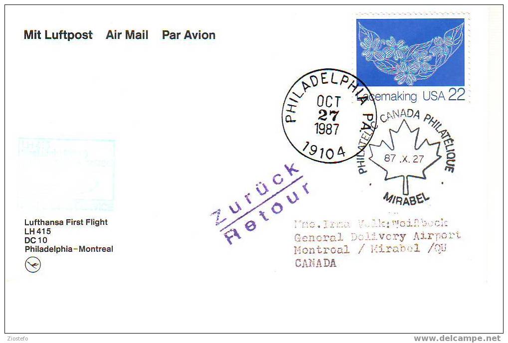 A33 Lufthansa First Flight LH415 DC10 Philadelphia - Montreal 27/10/1987 - Covers & Documents