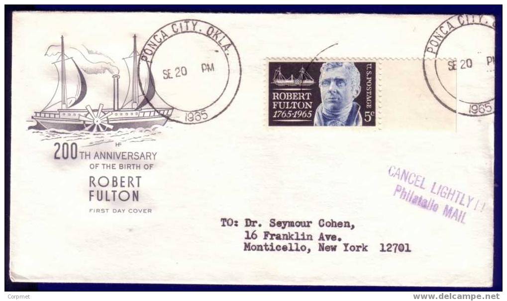 US - 200th ANNIVERSARY OF THE BIRTH OF ROBERT FULTON COMM PONCA CITY, OKLA COVER - Topical SHIPS - Event Covers
