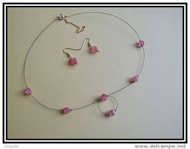 Collier En Quartz Cerise Et Ses Boucles D´oreilles - 54 Cms + Chaînette De Réglage - Colliers/Chaînes