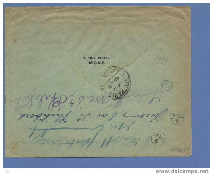 257(2) Op Aangetekende Brief Met Stempel MONS / BERGEN Naar Paris (France), Stempel RETOUR A L'ENVOYEUR Aangebracht - 1922-1927 Houyoux