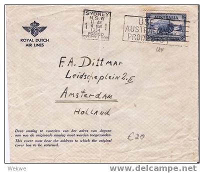 Au073 / K.L.M. Erstflug – 24. 10.  1934 –  MIT NOTLANDUNG  In Albury – Offiz. Umschlag - Brieven En Documenten