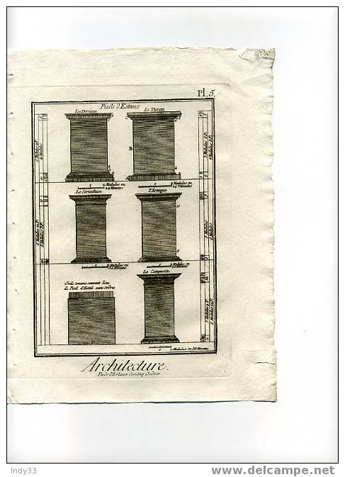 - ARCHITECTURE  . PIEDS D´ESTAUX DES CINQ ORDRES  PL 5, EAU FORTE DU XVIIIe S. - Architectuur