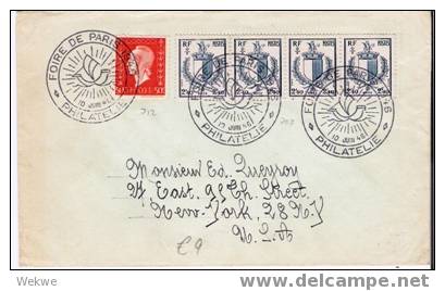 FS024 / FRANKREICH -  Markenausstellung (Philatelie)  Paris 1946 – Wappenfrankatur Mit Sonderstempel N. USA - Briefmarkenmessen