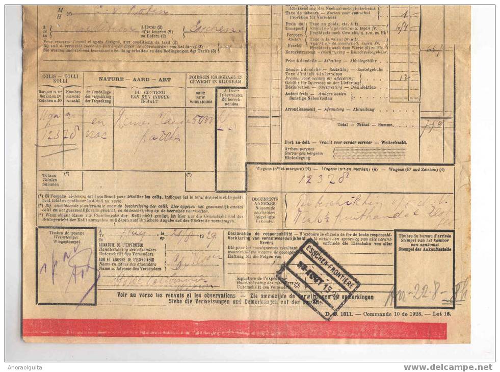 907/27 -- Lettre De Voiture Chemin De Fer PRIVE NORD BELGE 1 HUY 1929 Vers Cachet RARE ESSCHEN FRONTIERE - Nord Belge