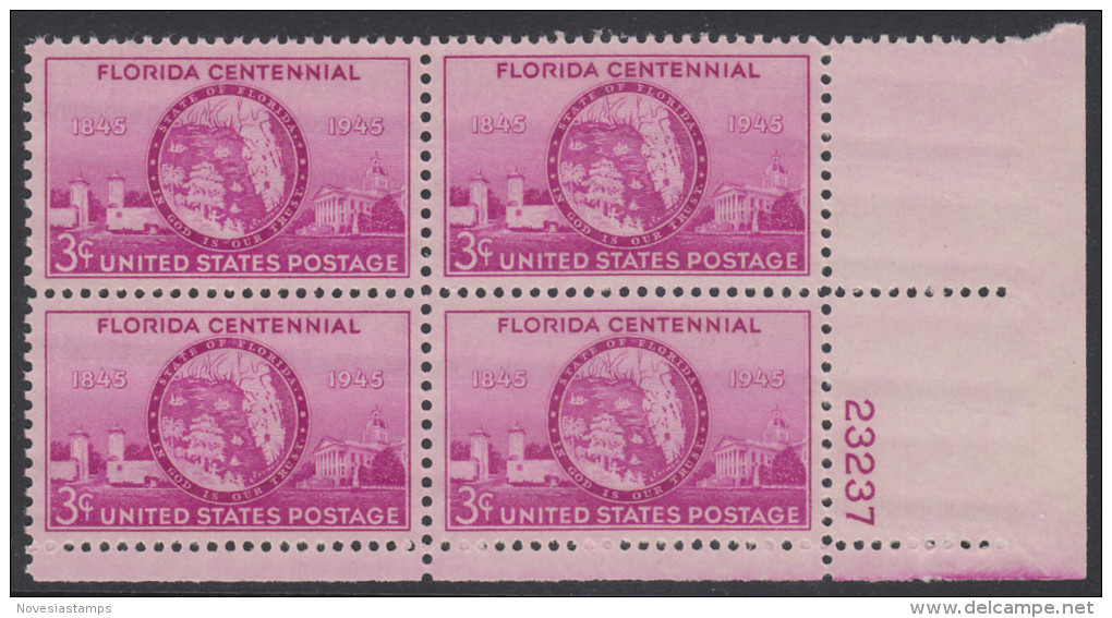 !a! USA Sc# 0927 MNH PLATEBLOCK (LR/23237/a) - Florida Statehood - Nuevos