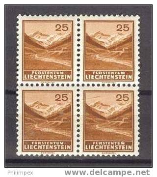 LIECHTENSTEIN 25 CENTIMES 1934-36, NH BLOCK OF 4! - Ungebraucht