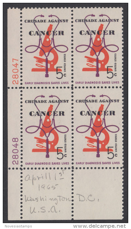 !a! USA Sc# 1263 MNH PLATEBLOCK (LL/28048) W/ Note On Tab - Crusade Against Cancer - Ungebraucht