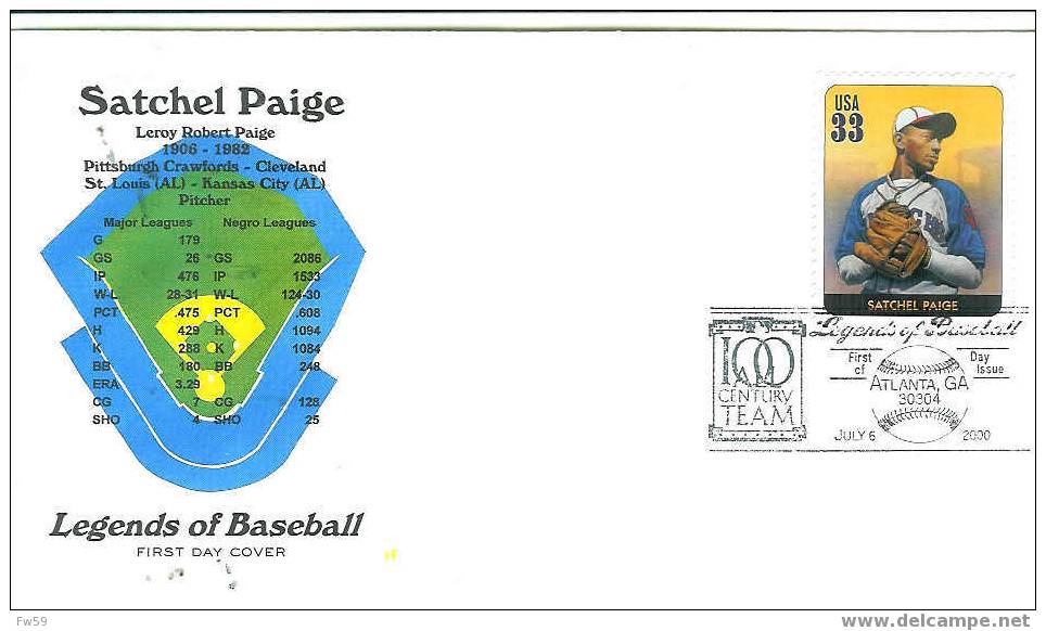 BASE BALL FDC USA 2000 LEGENDES DU BASE BALL MODELE 5 SATCHEL PAIGE - Baseball