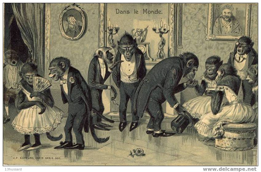 Carte Fantaisie Gaufrée - Singes Habillés - Soirée Mondaine - Dans Le Monde. - Scimmie