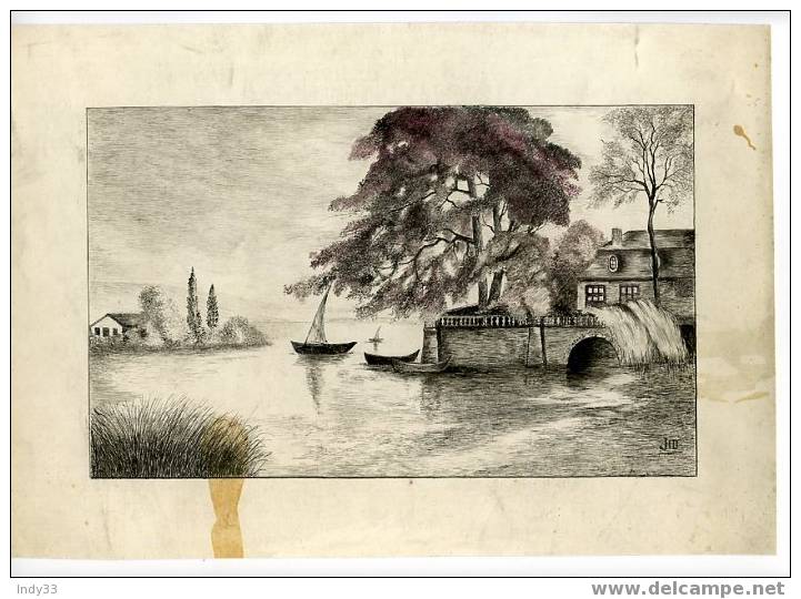 - PAYSAGE AVEC MAISON ET PIECE D´EAU . ENCRE DE CHINE A PLUME SIGNE JID - Dessins