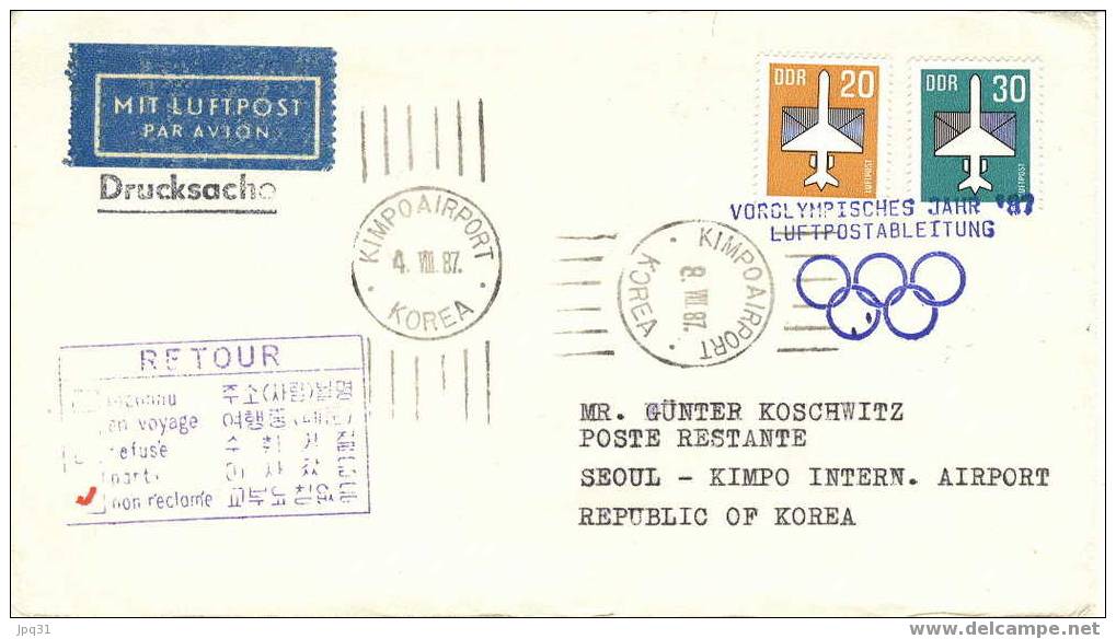 Enveloppe Vol Spécial Berlin Séoul 04/08/87 - Année Préolympique - RDA - Sommer 1988: Seoul