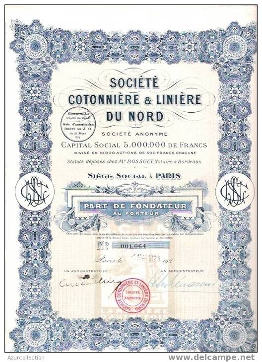 TITRE .COTONNIERE DU NORD . - Textil