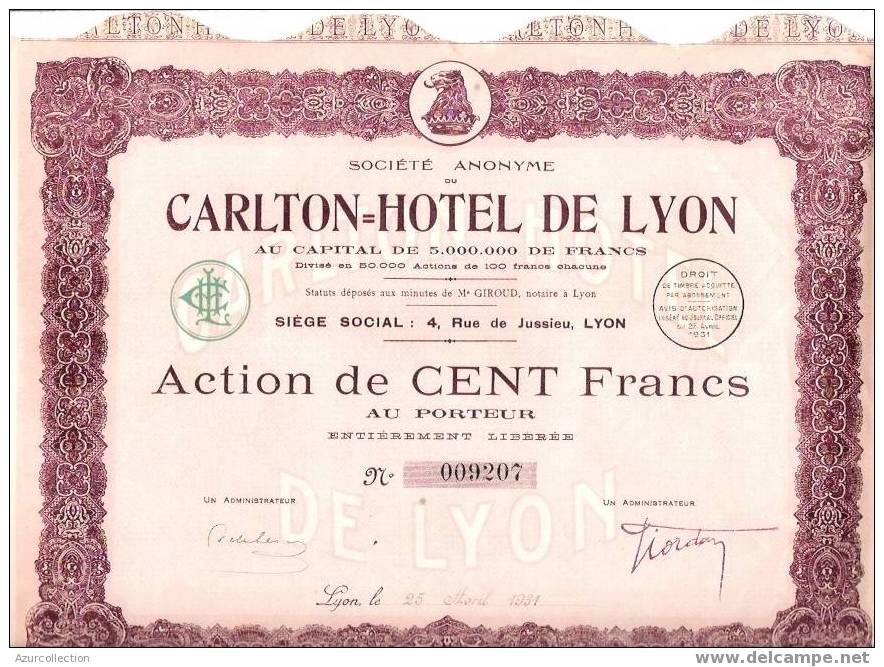 TITRE  .S. A .CARLTON HOTEL DE LYON .69. - Tourismus