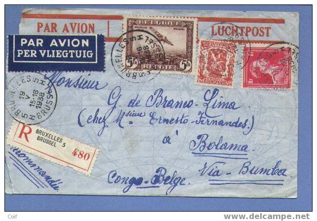 LP4+423+428 Op Aangetekende Luchtpostbrief Met Stempel BRUSSEL 5 Op 19/5/38 Naar "Congo Belge" - 1936-1957 Open Kraag