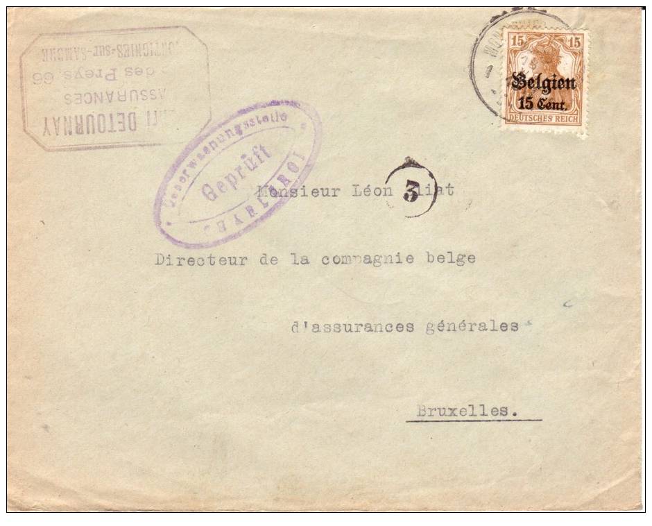 BELGIUM OCCUPATION USED COVER 1918 CANCELED BAR MONTIGNIES-SUR-SAMBRE - OC1/25 General Government